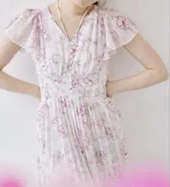 パール付きネックリボン水彩ラインフラワープリーツワンピース M