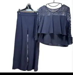 レース切り替えトップス＆ワイドパンツ セットアップ ネイビー　フォーマル