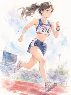 c480_陸上競技場で走る女性アスリートを描いた水彩画風イラストアート作品