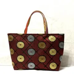 名古屋帯リメイクバッグ　えんじ色　丸紋花々　軽量100