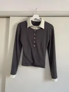 グレー 長袖ポロシャツ 白襟 6ボタン