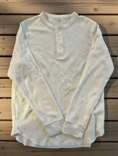 00sOLD UNIQLOワッフルヘンリーネック長袖Tシャツ　ホワイトL