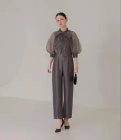 【LEJA】ドット柄スパンコールパフスリーブボレロオールインワンドレス S
