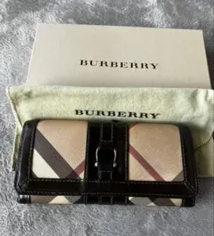 BURBERRY 長財布 ベージュ/ブラウン／シルバーノバチェック箱、収納袋付き
