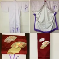 着物セット（薄紫色地に花柄の着物、ワインカラーにゴールドとシルバー柄）