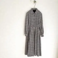 ワンピース　千鳥柄　ブラウン　長袖　シャツワンピ　プリーツ　裏地あり　フェミニン