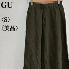 GUジーユーリネンブレンドフレアロングスカート S カーキー グリーン 麻50%