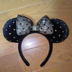 ミニーマウス　カチューシャ　黒と金のドット　ゴールド　ディズニー