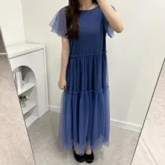 ティアードワンピース ブルー 青 チュール素材 透け感 レース 可愛い ロングのサムネイル
