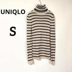 【UNIQLO】タートルネックセーター S ベージュ 黒 ウール ボーダー 長袖