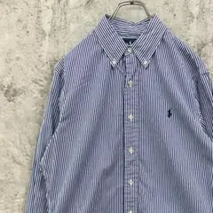 ラルフローレン　ストライプシャツ　長袖BDシャツ　古着　ブルー　M