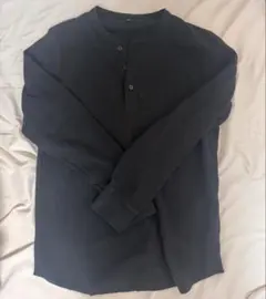 ユニクロ ワッフルヘンリーネックTシャツ/長袖 サーマル ブラック L