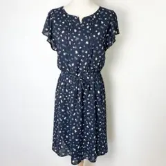 美品 エニィスィス 花柄 キーネックワンピース 3/L 紺 リボン オンワード