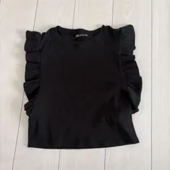 ZARA フリル付きブラックノースリーブTシャツ M