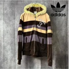 adidas ベロア パーカーファー付 y2k レトロ ボーダー レディース M