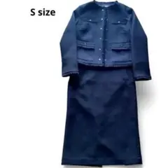 【美品】紺 ネイビー ツイード ノーカラースーツジャケットスカートS入学式卒業式