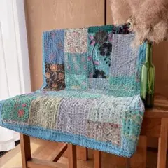 未使用❁エンブロイダリー　ターコイズ　パッチワークカンタキルトマルチカバーラグ