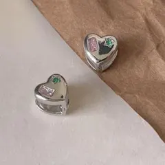 銅素材　カラフル ジルコニア　ハート　シンプル　フープ　ピアス シルバー