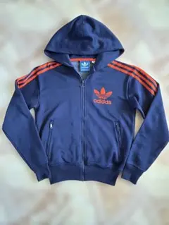 adidas フード付きジャージ XS ネイビー/オレンジ