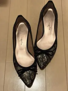 【匿名配送】銀座かねまつキラキラレース素材 ブラック✖️ゴールド フラットシューズ