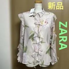 新品　ZARA ザラ　シアーブラウス　フラワープリント　フリル　春先に　L