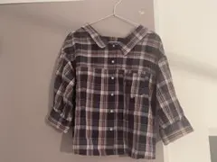 【美品】チェック柄五分袖シャツ バックリボン　ネイビー系