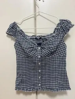 オフショルダー ネイビー チェック柄 ノースリーブ