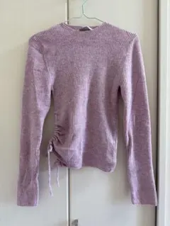 ZARA 薄紫 リブ編み 長袖ニット　リボン付き　スリット