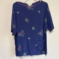 ローラアシュレイ 花柄半袖カットソー ネイビーのサムネイル