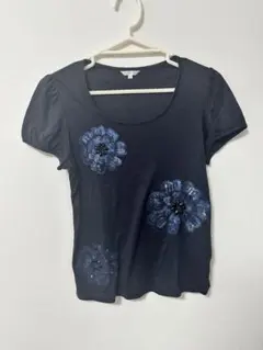 TO BE CHIC 半袖　カットソー　ビーズ刺繍 花柄 ネイビー Мのサムネイル