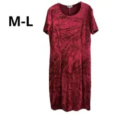 イタリア ベロア ワンピース 半袖 クリンクル加工 赤 M L 海外古着