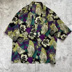 古着 レトロ 総柄シャツ 半袖 アート柄 紫 緑 開襟 日本製 ポリシャツ