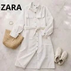 f033【ZARA】ホワイトデニムロングワンピース　ウエストマーク　デニムシャツ