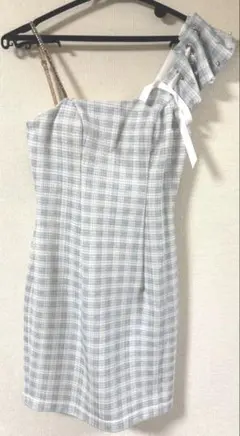 水色チェック片肩フリルタイトドレス