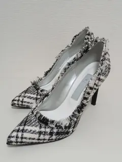 極美品☆ DIANA 23.5cm ツイード フリンジ パンプス 黒白