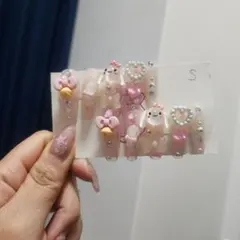 ピンクリボン・ハート装飾 ネイルチップ Sサイズ