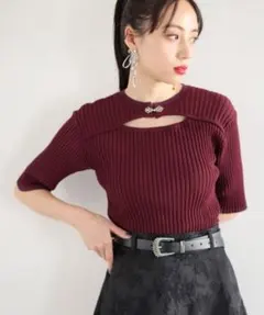 HARE　フロントアキメタルニット　レッド　リブニット　半袖　推し活のサムネイル