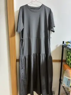 ドロスト切り替え 半袖ロングワンピース グレー