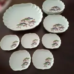 深川製磁 松の絵柄輪花皿 金彩 大皿1枚 銘々皿小皿各5枚セット 和食器
