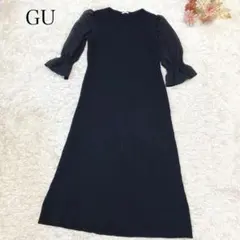 s2651【ジーユー】7分袖 ロング ワンピース ドッキング 袖シアー ブラック