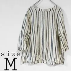 ノーブランド 【M】 七分袖シャツ ホワイト系 ストライプ シンプル 麻