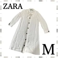 ZARA オフホワイト 長袖 ボウタイリボン ロングワンピース Mサイズ me