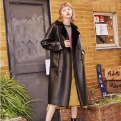 【美品】レザー ムートン コート リバーシブル黒 エコレザー ロングコート