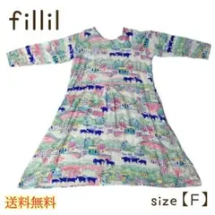 fillil 総柄ワンピース Fサイズ 北欧風 動物柄 街並み 長袖 ナチュラルのサムネイル
