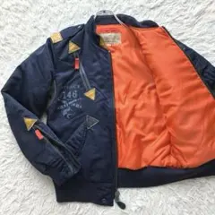 【美品】アヴィレックス　L-2 フライトジャケット　紺　中綿　オレンジ　本革