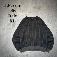 90s J.Ferrar（XL）イタリア製＊柄ニット＊ストライプ＊Vネック