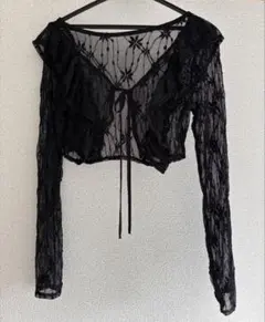 SHEIN レースフリル 黒 カーディガン 長袖 クロップド丈