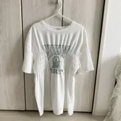 しまむら/半袖シャーリングTシャツ　　丈長めホワイトL(美品)のサムネイル