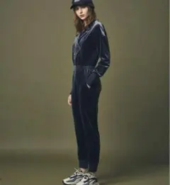 Juemi ベロア オールインワン ネイビー ジャンプスーツ ベルベット 紺