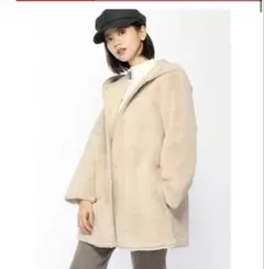 Samansa Mos2 フード付ファーコート ベージュ